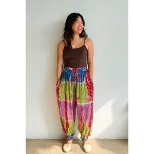 Boho Tie Dye Pants Wide Leg Jogger Pockets Colorful Free Size OS Viscose Hippie